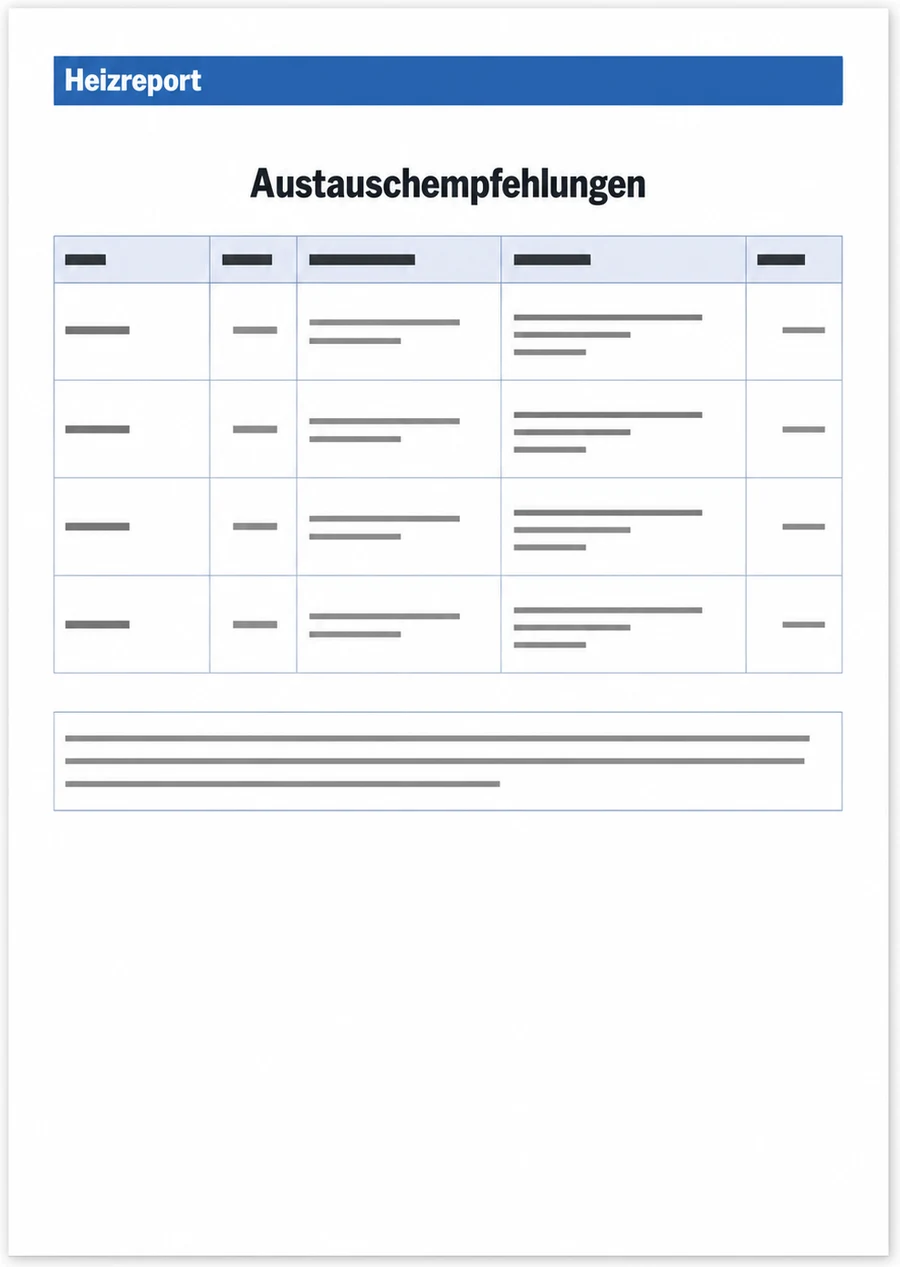 Schematischer Heizreport-Auszug mit Austauschempfehlungen