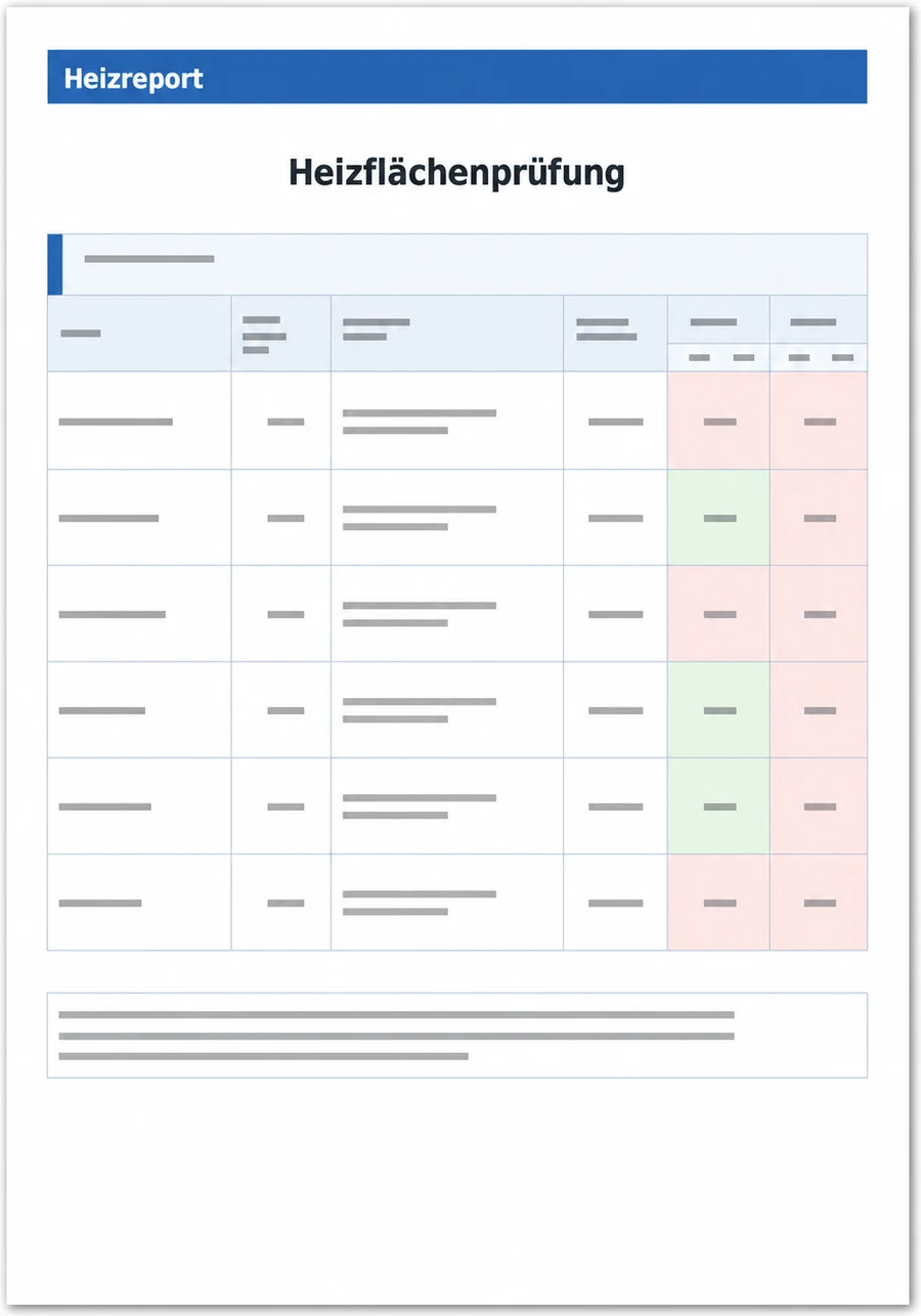 Schematischer Heizreport-Auszug zur Heizflächenprüfung