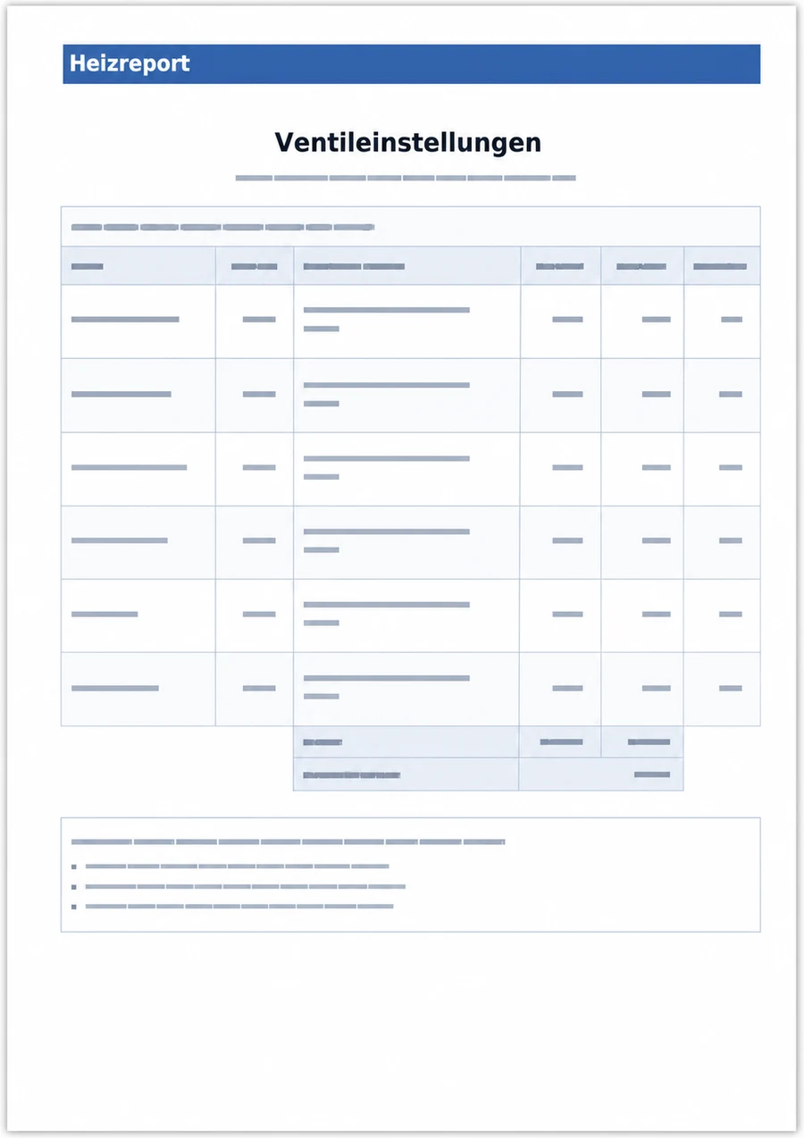 Schematischer Heizreport-Auszug mit Ventileinstellungen und Volumenströmen