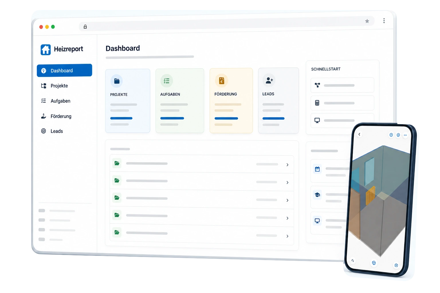 Schematische Heizreport Pro Dashboardansicht mit anonymisierten Projektdaten und Scanner-App auf einem Smartphone