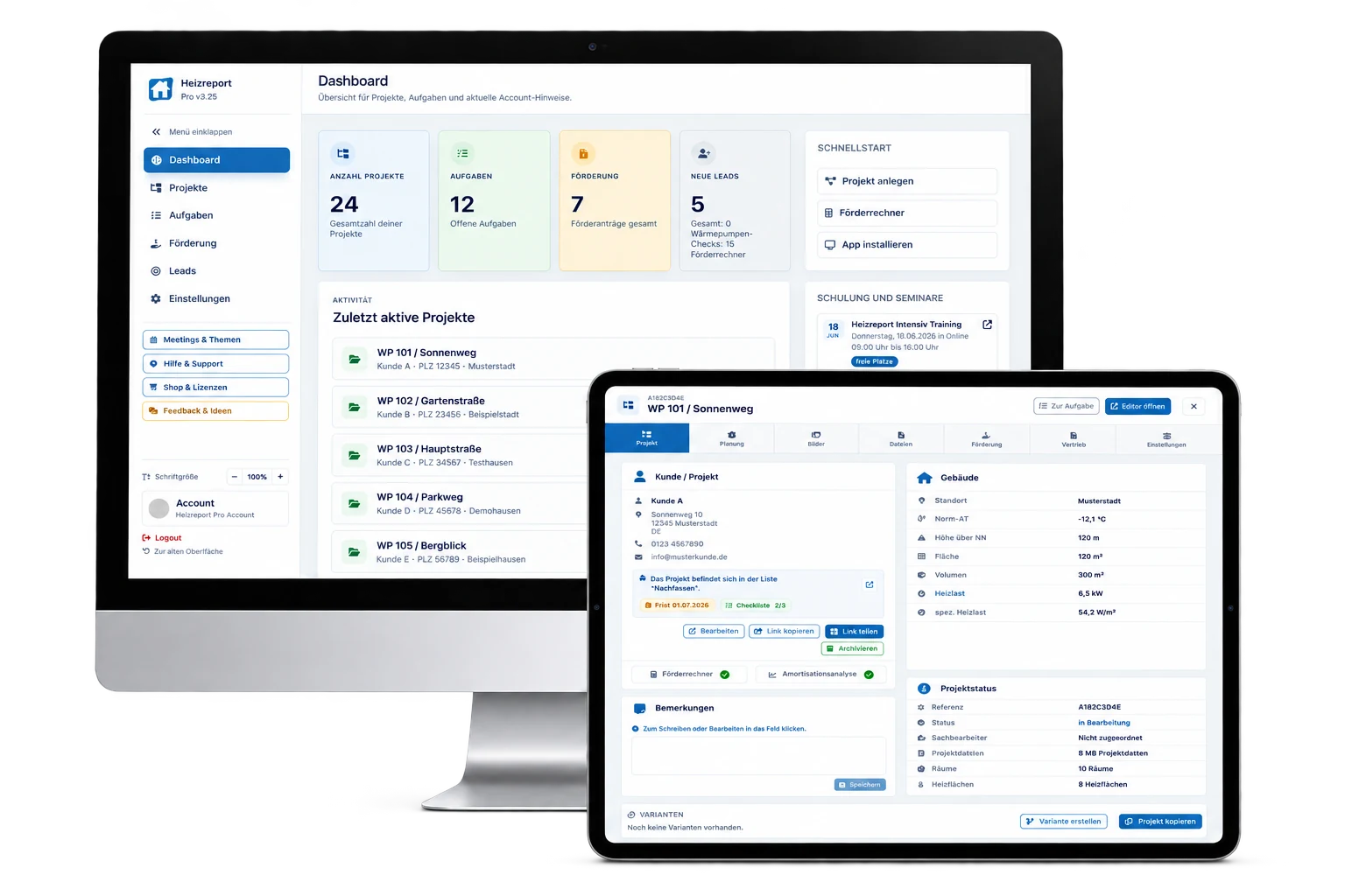 Freigestellte Heizreport Pro Dashboard- und Projektansicht auf einem iMac und einem iPad mit anonymisierten Demodaten