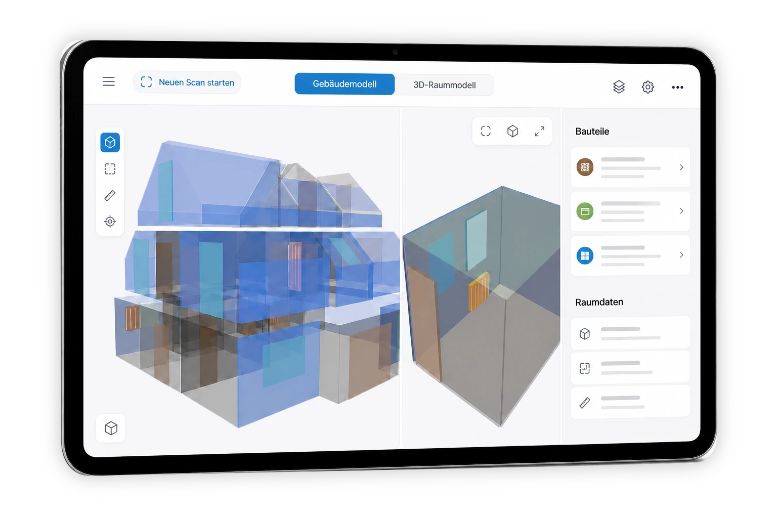 Schematische Scanner-App auf einem freigestellten iPad mit Gebäudemodell, 3D-Raummodell sowie abstrahierten Bauteil- und Raumdaten