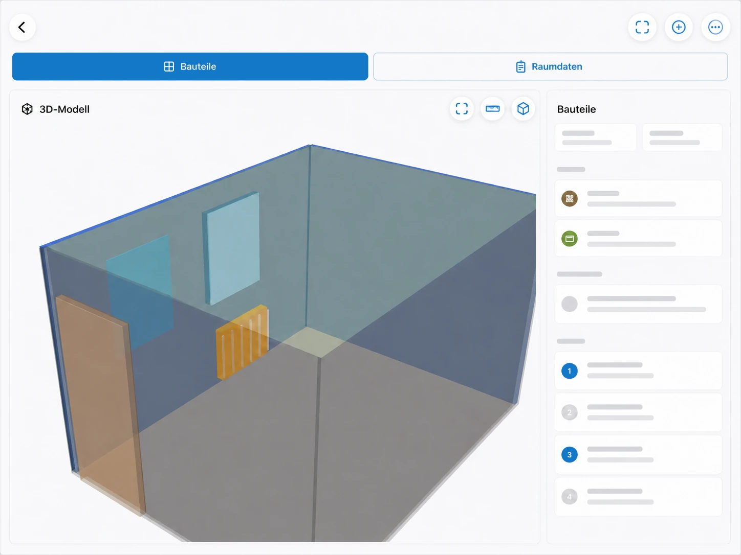 Schematische Scanner-App-Raumansicht nach dem Originalaufbau mit transparentem 3D-Modell und abstrahierten Bauteildaten