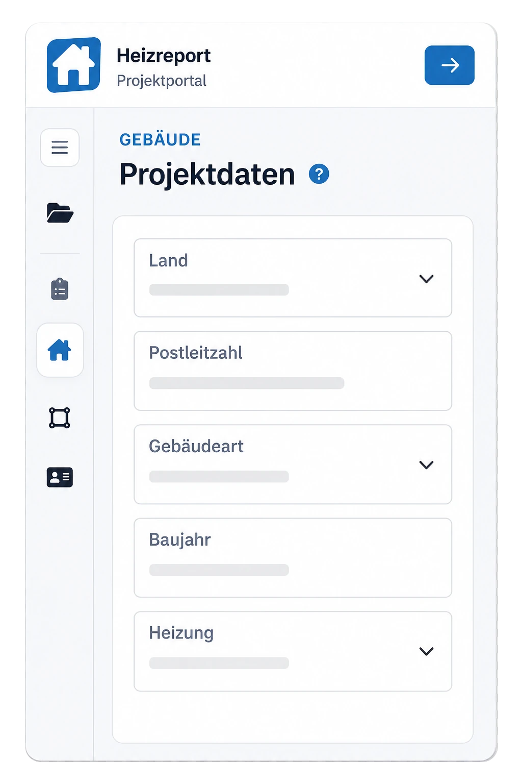 Schematische Heizreport-Ansicht zur Erfassung der Gebäudedaten