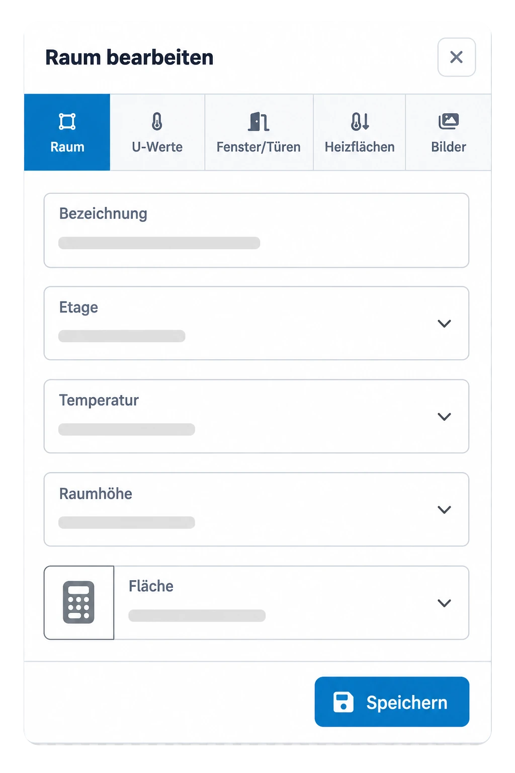 Schematische Heizreport-Ansicht zur Erfassung der Raumdaten